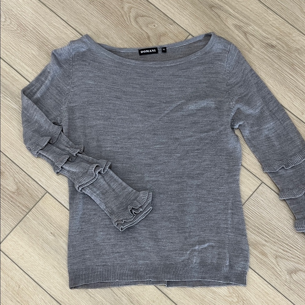 Domani Gray Cottagecore Cozy Elegant Ruffle Business Casual Knit Sweater. XL